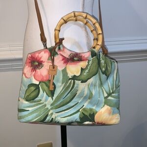 Floral Fossil Handbag with Bamboo Handle & Leather Crossbody Strap